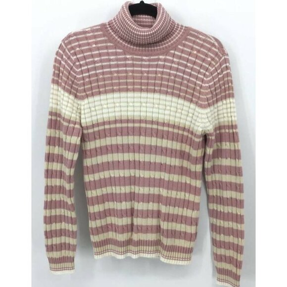 liz & co Sweater Size Large Pink Stripe Cable Knit Turtleneck Long Sleve New B13 - Picture 1 of 9